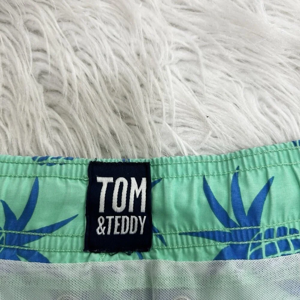 Tom Teddy Swim Trunks Green Blue Pineapple Print Liner Pockets‎ Stretch Summer M